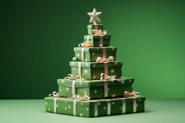 A stack of green and gold christmas presents stacked up high