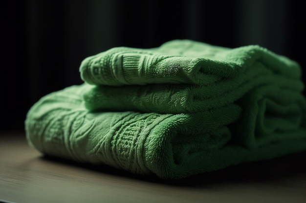 A stack of green towels on a table