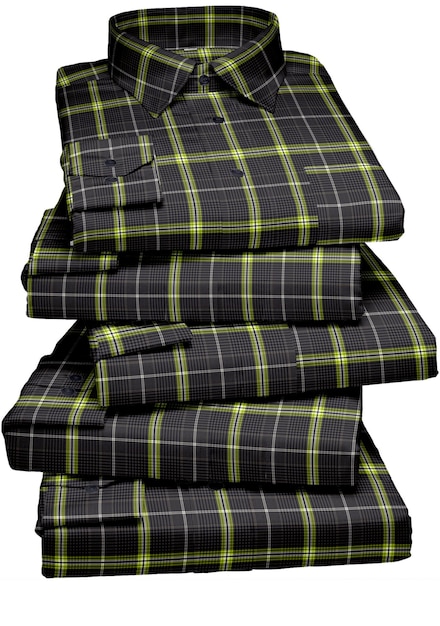 A stack of green and yellow plaid flannel shirts are stacked on top of each other.