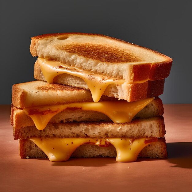 A stack of grilled cheese sandwiches with one being melted on top.