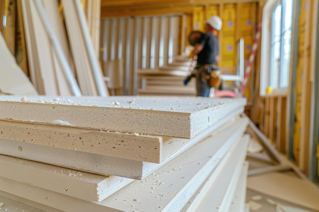 A stack of gypsum boards ready for installation with a construction worker preparing house under renovation