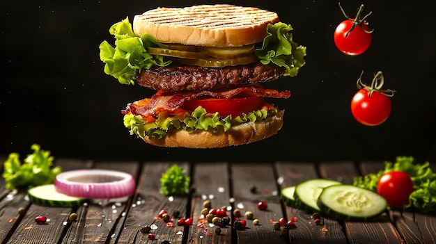 A stack of hamburgers with tomatoes lettuce and cheese