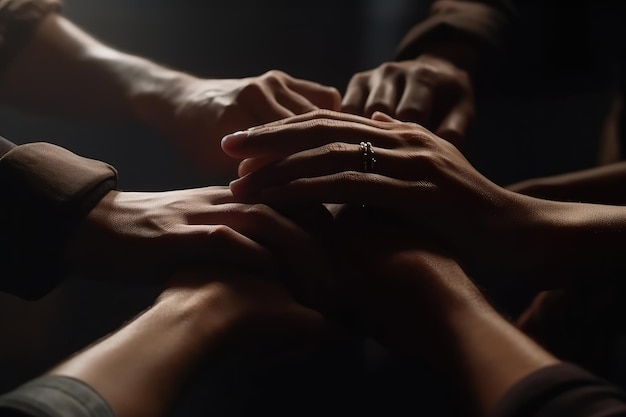 Stack of hands showing unity and teamwork concept