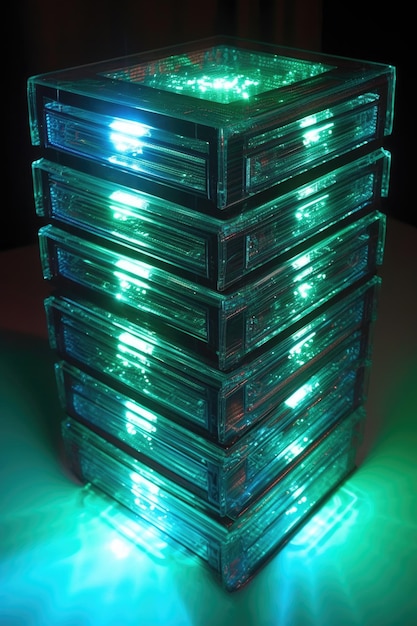 Stack of hard drives with glowing led lights created with generative ai