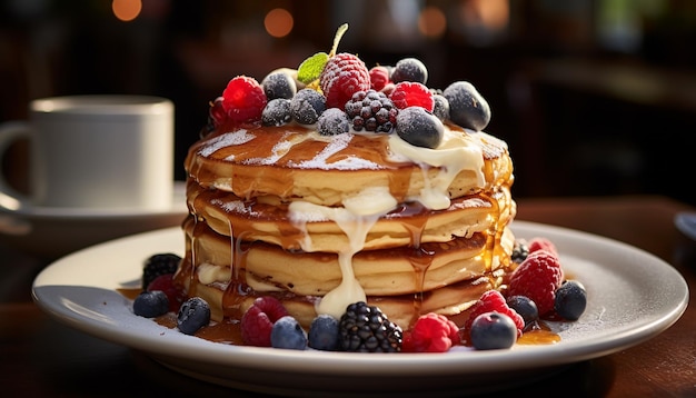 A stack of homemade blueberry pancakes with fresh raspberry syrup generated by artificial intelligence