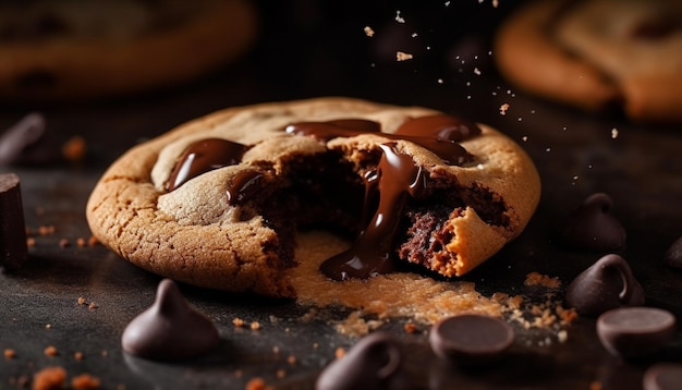 Stack of homemade chocolate chip cookies on table generated by AI