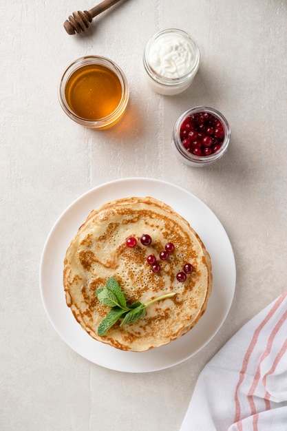 Stack of homemade pancakes top view