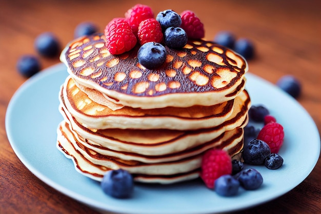 Stack of homemade pancakes with berries trendy modern desserts healthy food with cereals