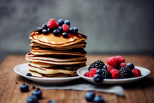 Stack of homemade pancakes with berries trendy modern desserts healthy food with cereals