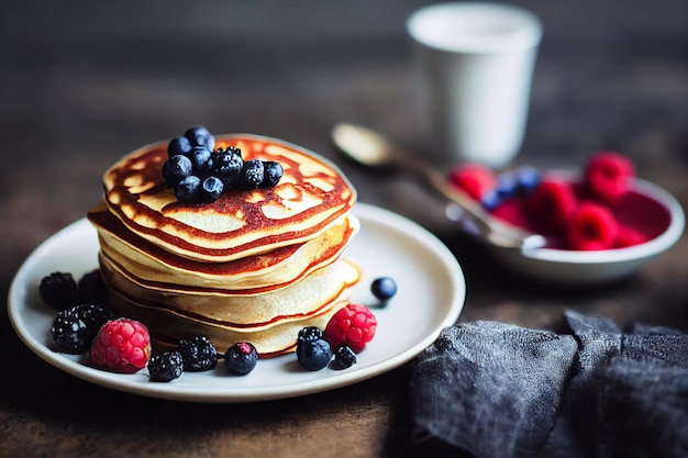 Stack of homemade pancakes with berries trendy modern desserts healthy food with cereals