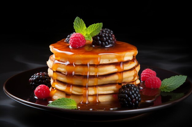 Stack of homemade pancakes with honey syrup and berries