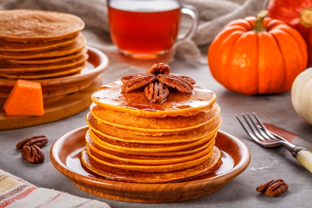 Stack of homemade pumpkin pancakes