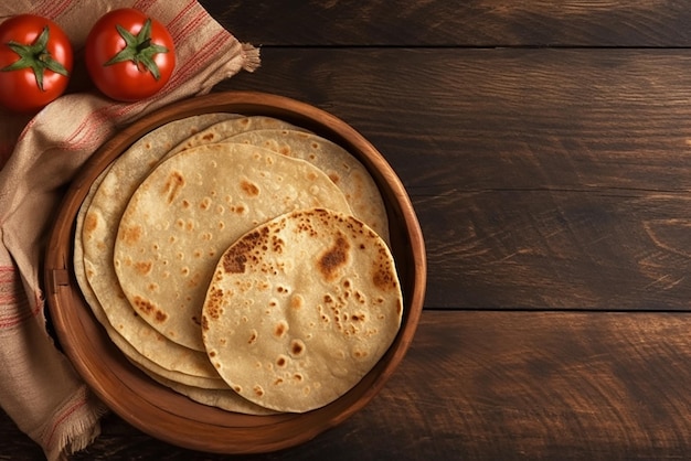 Stack of homemade whole wheat flour flatbread on wooden table