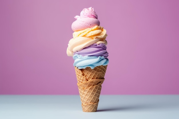 A stack of ice cream cones with a purple background