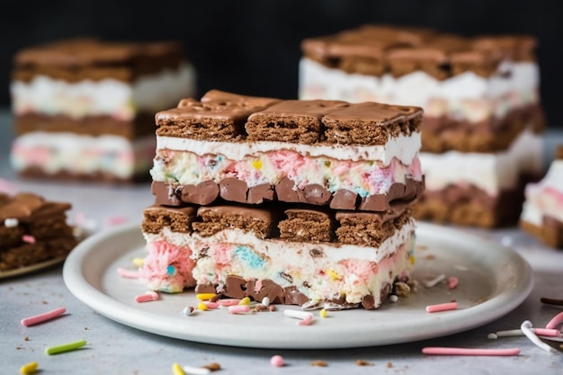 A stack of ice cream sandwiches with rainbow sprinkles on top.