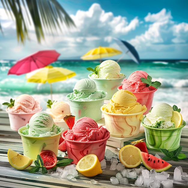 A stack of ice creams and umbrellas on a table with an umbrella and umbrella in the background