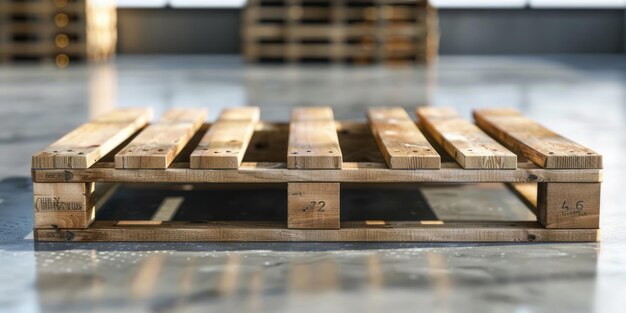 Photo stack of industrial wood pallets arranged neatly in a warehouse during daylight