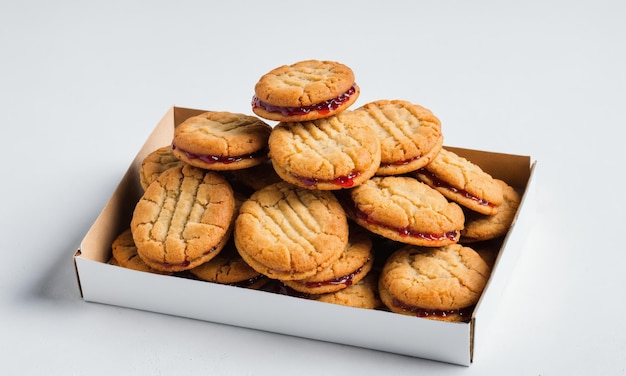 Stack of jam filled cookies in a white box