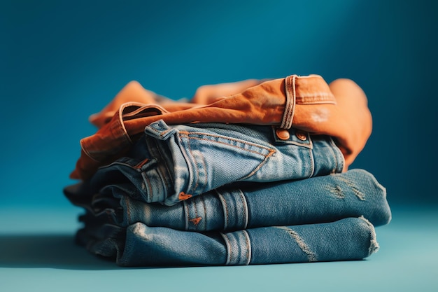 A stack of jeans on a blue table