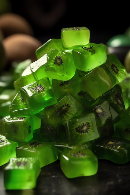 A stack of kiwi fruit cubes with kiwi on top