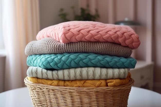 Stack of knitted sweaters in basket at home