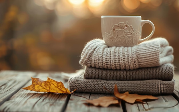 Stack of Knitted Sweaters on a Table With Tea and Fall Leaves