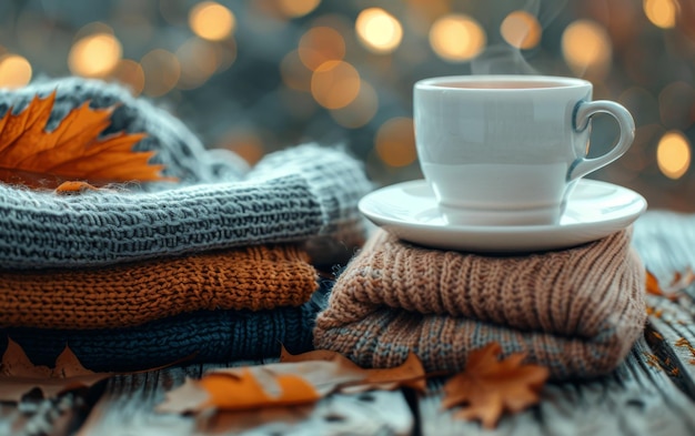 Stack of Knitted Sweaters on a Table With Tea and Fall Leaves