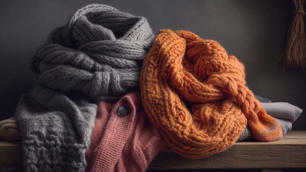 A stack of knitted sweaters on a table