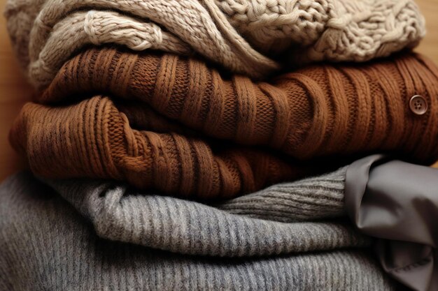 Stack of knitted sweaters on wooden background closeup view