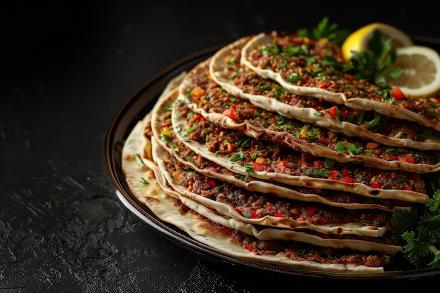 Stack of Lahmacun garnished slice of lemon and parsley Black background side view