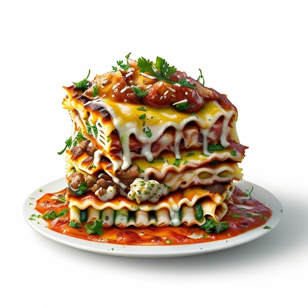 a stack of lasagna stacked on top of each other on a white plate with a sprig of parsley