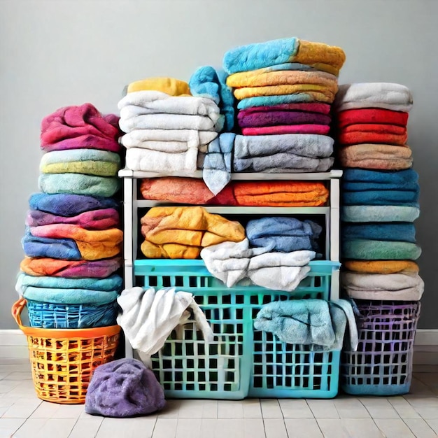 a stack of laundry baskets with a basket full of towels