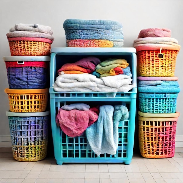 a stack of laundry baskets with a blue basket full of towels