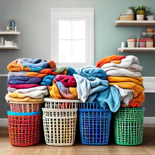 a stack of laundry baskets with a green and blue basket with a green and white one that says  t