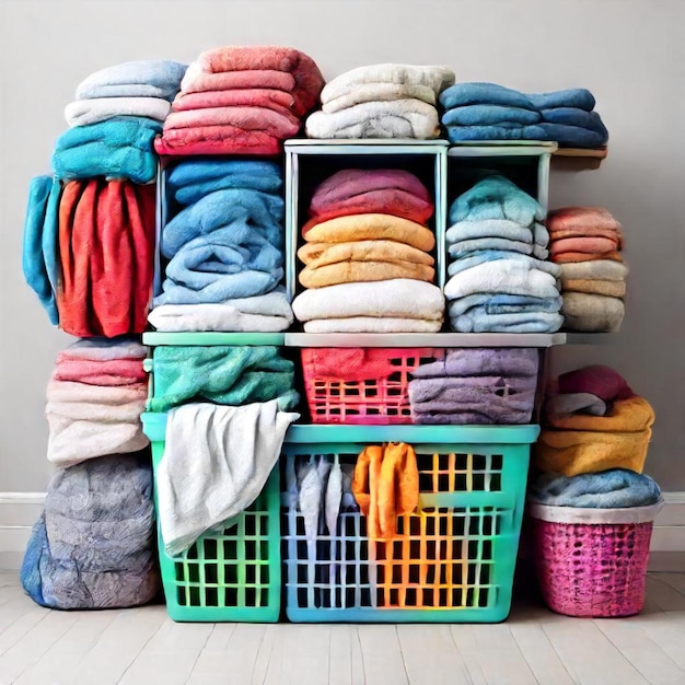 a stack of laundry baskets with a laundry basket full of towels