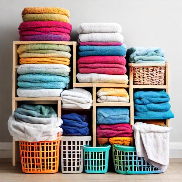 a stack of laundry baskets with a stack of towels on top of them