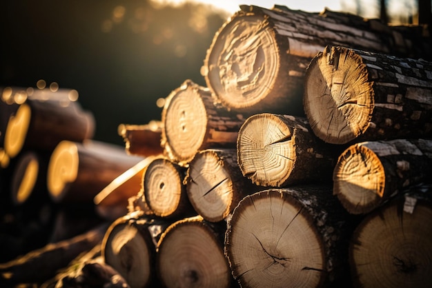 A stack of logs in a forest with the sun shining through the trees