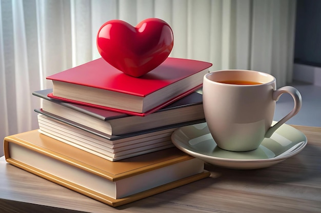 Photo a stack of lovethemed books with a cup of tea