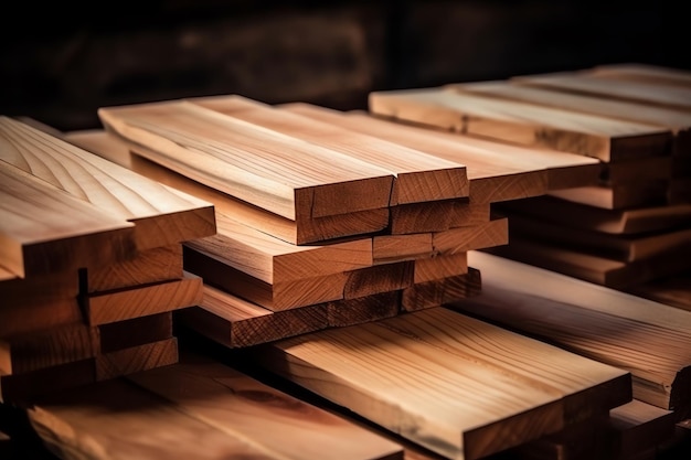 A stack of lumber in a warehouse.