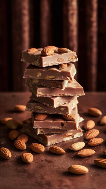 Photo a stack of luxurious milk chocolate bars embedded with whole almonds