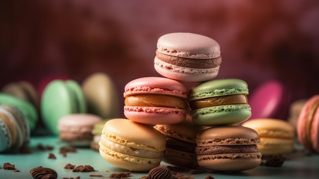 A stack of macaroons with chocolate chips on the top