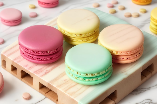 A stack of macaroons on a wooden tray with different colors.