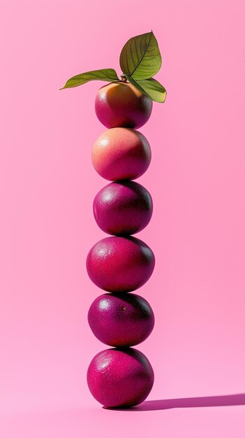 A stack of mangosteen slice fruit balancing on top with solid background