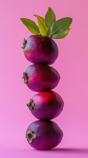 A stack of mangosteen slice fruit balancing on top with solid background