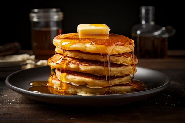 Photo stack of maple syrup pancakes with butter delicious maple syrup pancake food photography