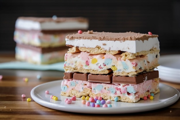 A stack of marshmallows on a plate with a few other desserts in the background.