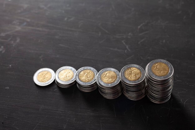 stack of mexican peso coins on the table