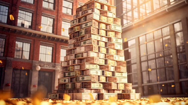 a stack of money is stacked in a building with thew