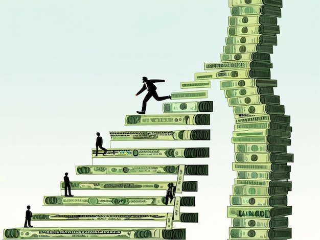 Photo a stack of money is on a staircase with a man jumping up