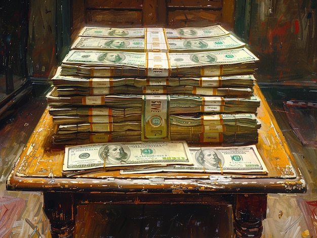 a stack of money that is on a table